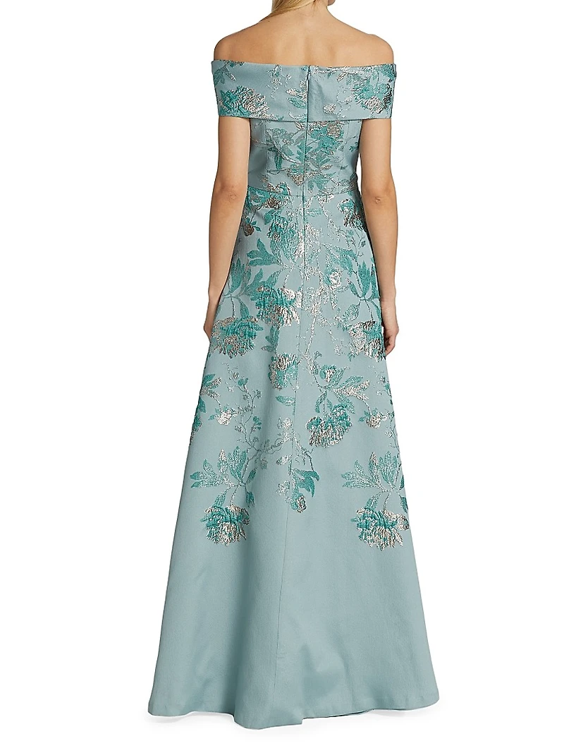 Metallic Jacquard Off-The-Shoulder Gown