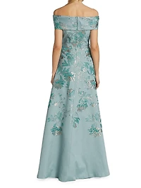 Metallic Jacquard Off-The-Shoulder Gown