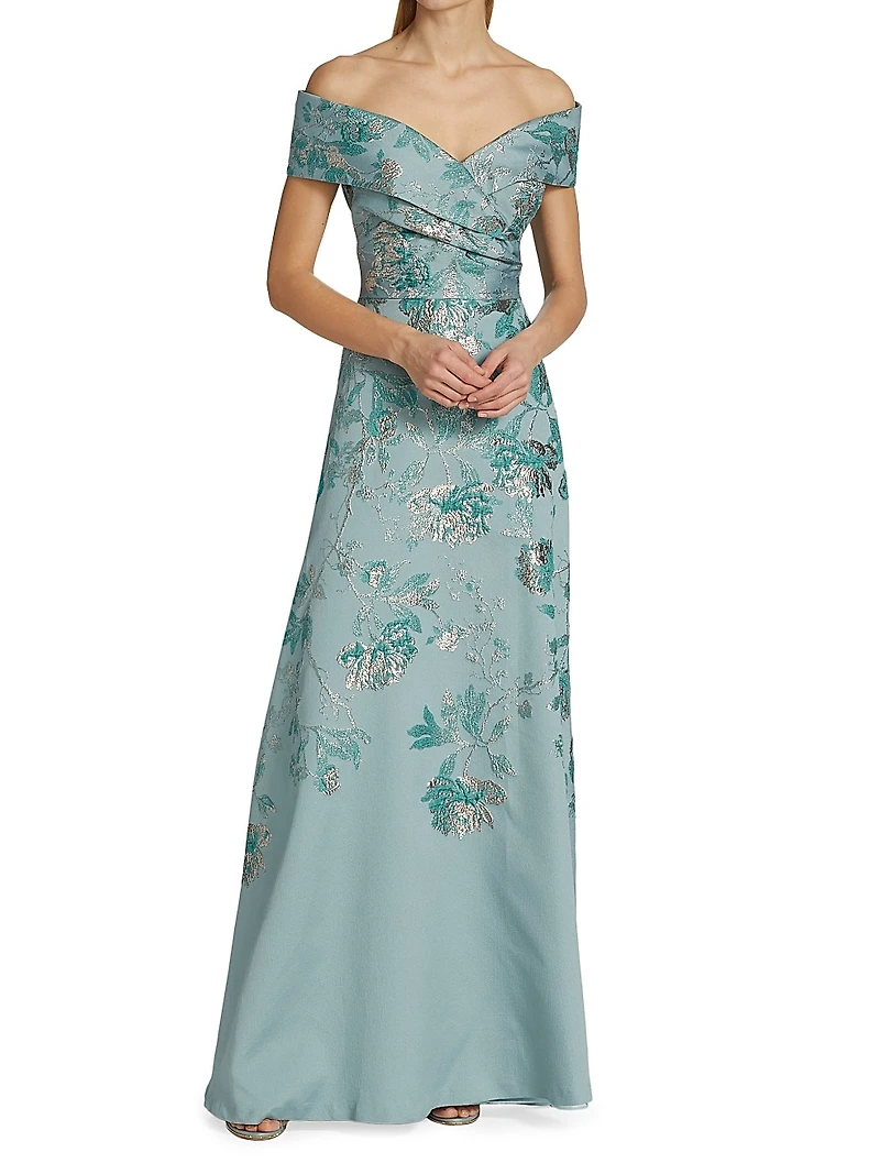 Metallic Jacquard Off-The-Shoulder Gown