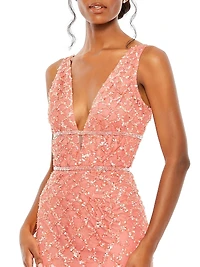Embellished V-Neck Column Gown