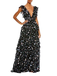 Ieena Floral Ruffle V-Neck Gown