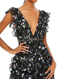 Ieena Floral Ruffle V-Neck Gown