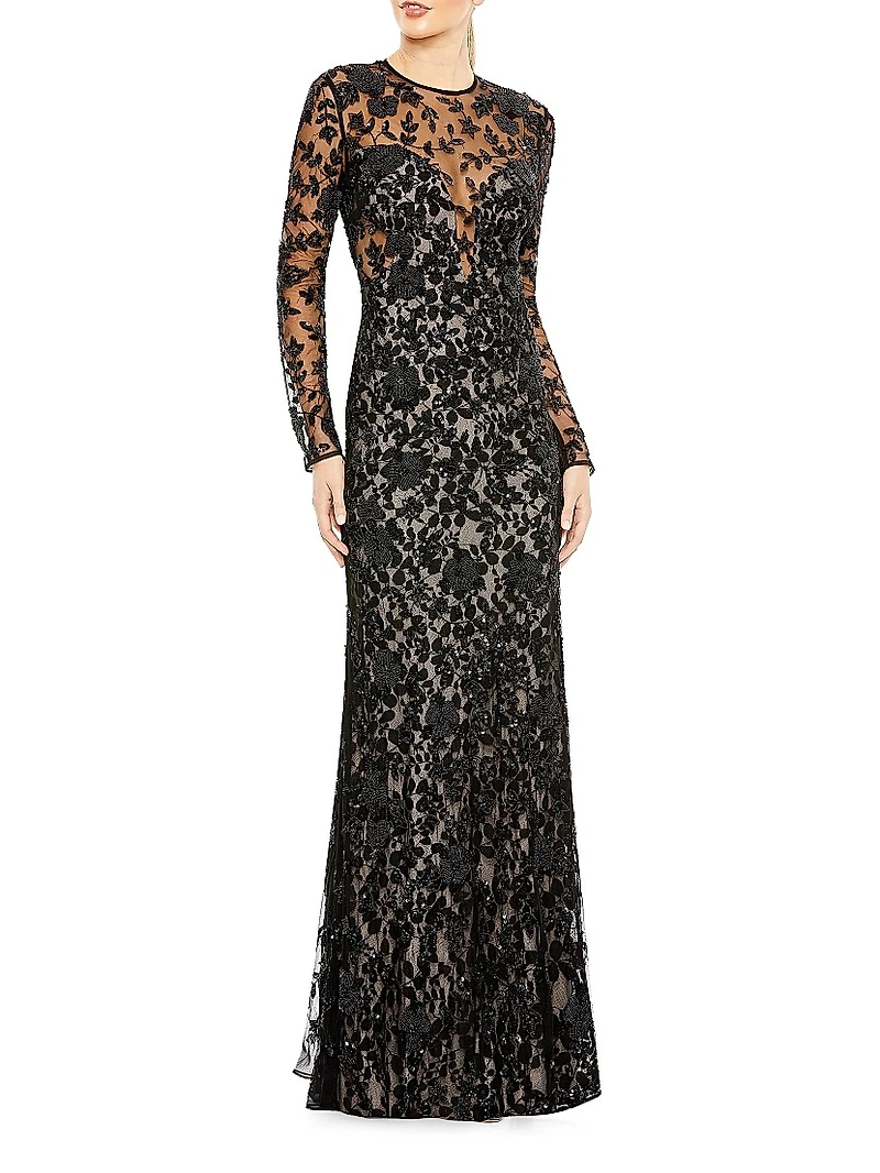 Beaded Long-Sleeve Column Gown