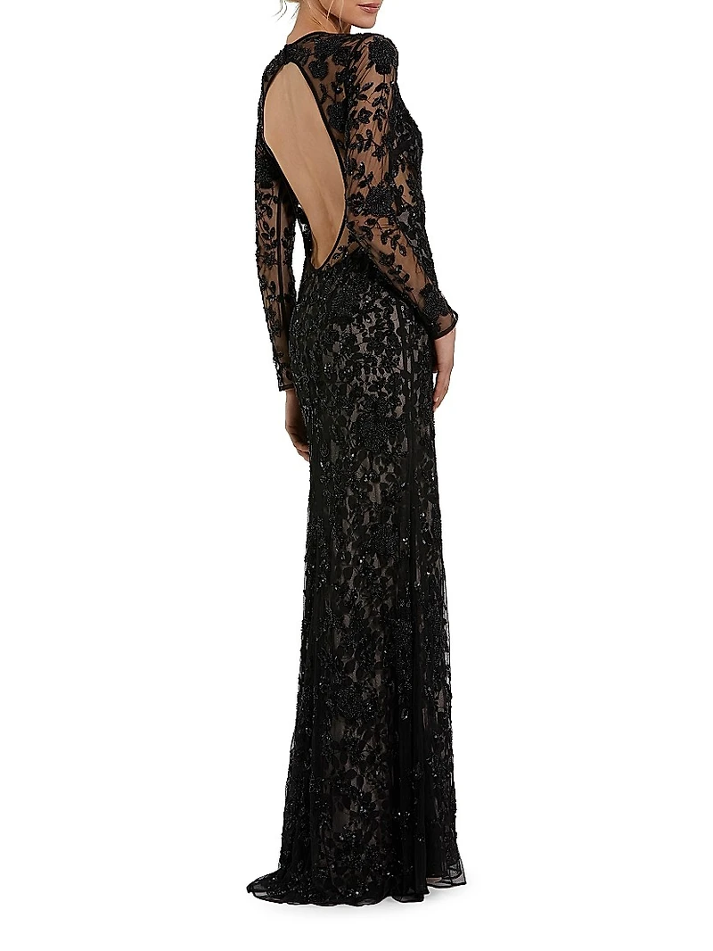 Beaded Long-Sleeve Column Gown