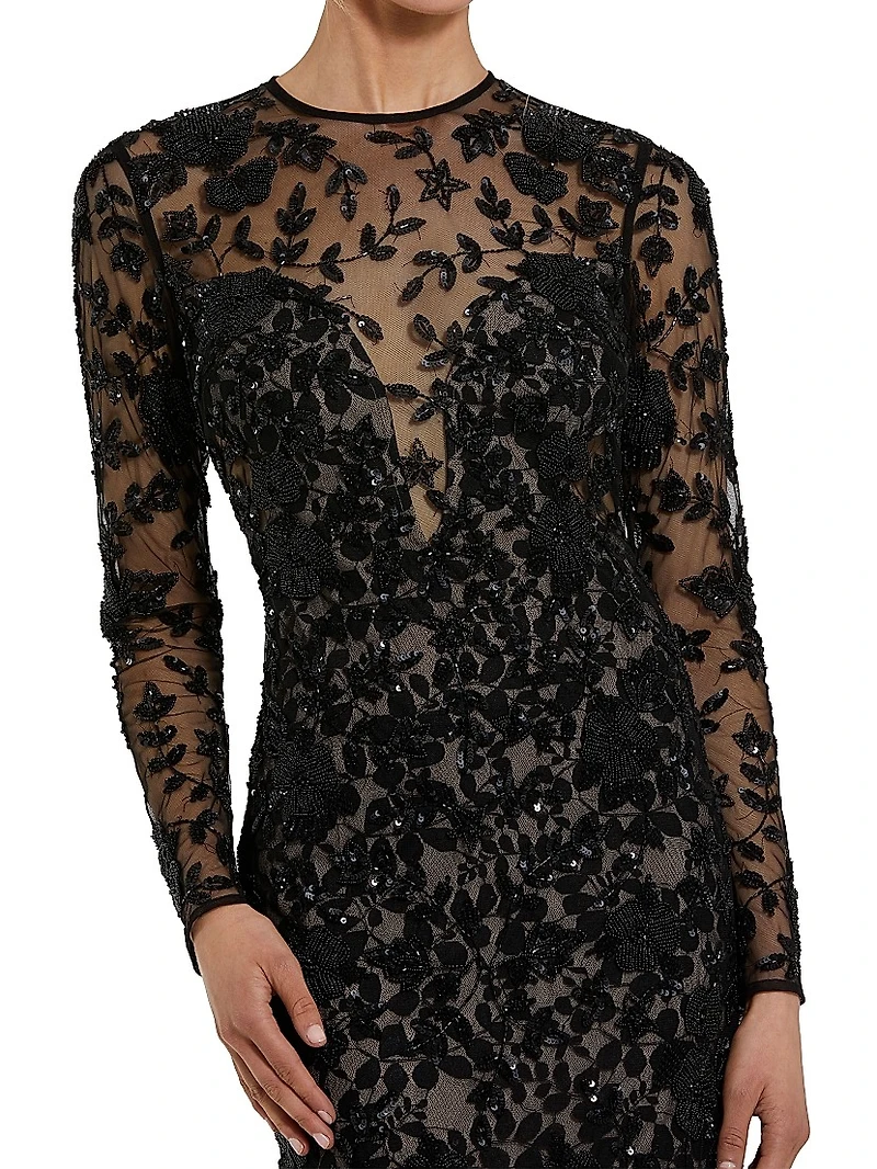 Beaded Long-Sleeve Column Gown