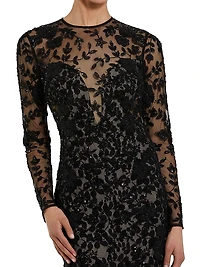 Beaded Long-Sleeve Column Gown