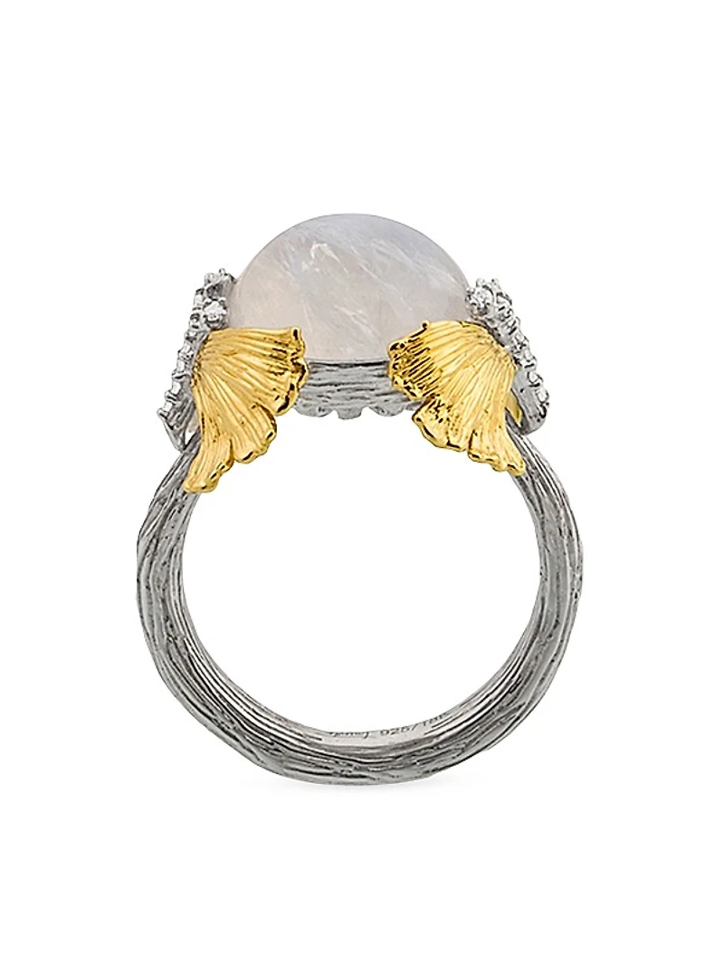 Butterfly Ginkgo 18K Gold, Sterling Silver, Moonstone & Diamond Ring