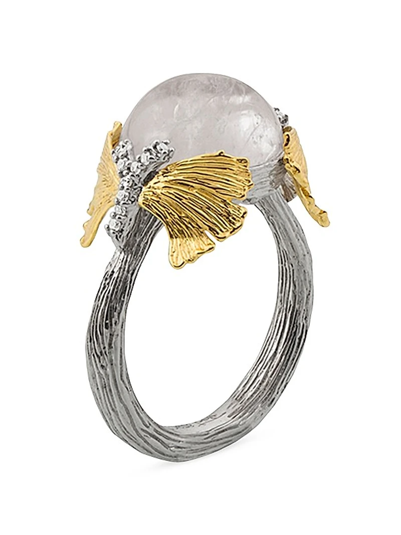 Butterfly Ginkgo 18K Gold, Sterling Silver, Moonstone & Diamond Ring