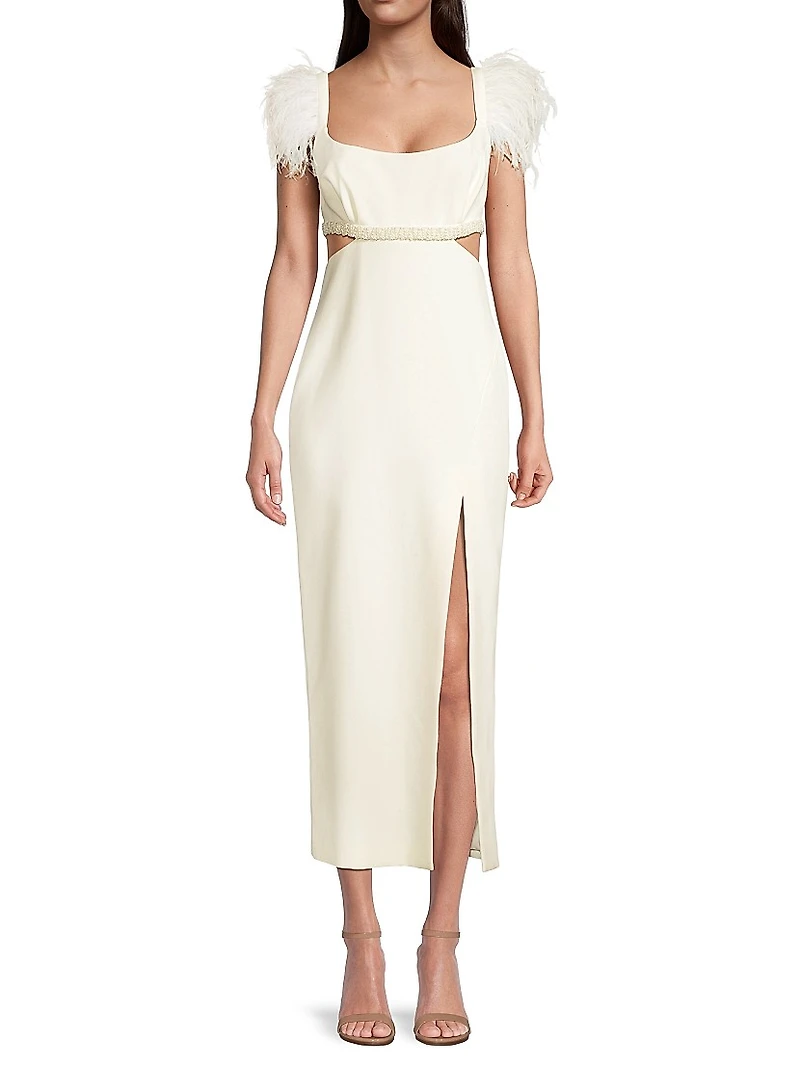 Taliah Feather-Embellished Cut-Out Midi-Dress
