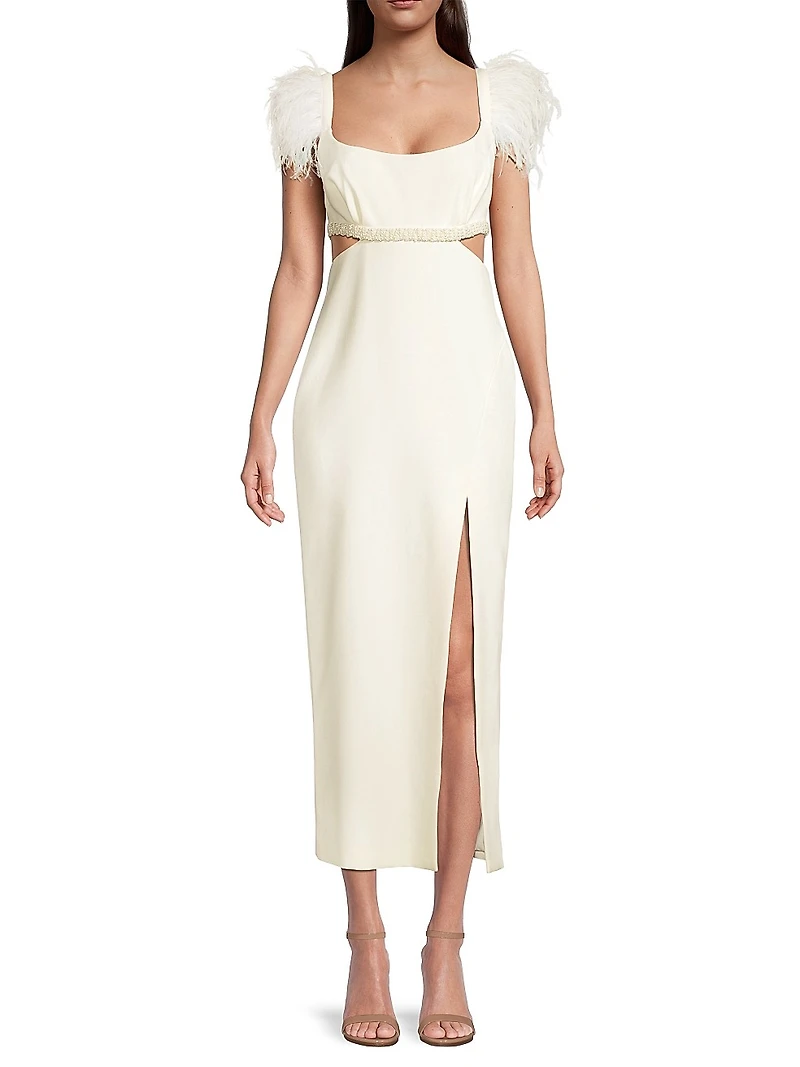 Taliah Feather-Embellished Cut-Out Midi-Dress