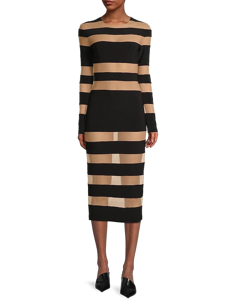 Semi-Sheer Striped Midi-Dress
