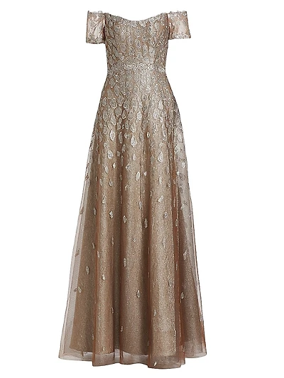 Embroidered Off-The-Shoulder Gown