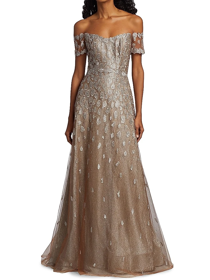 Embroidered Off-The-Shoulder Gown