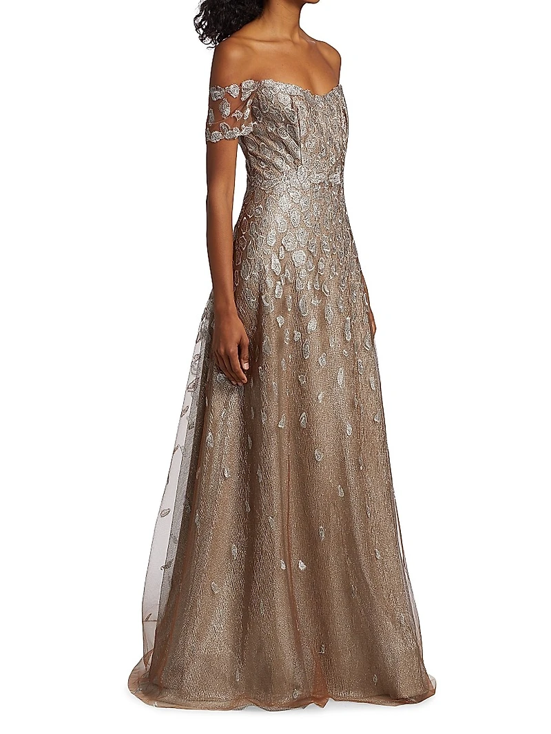 Embroidered Off-The-Shoulder Gown