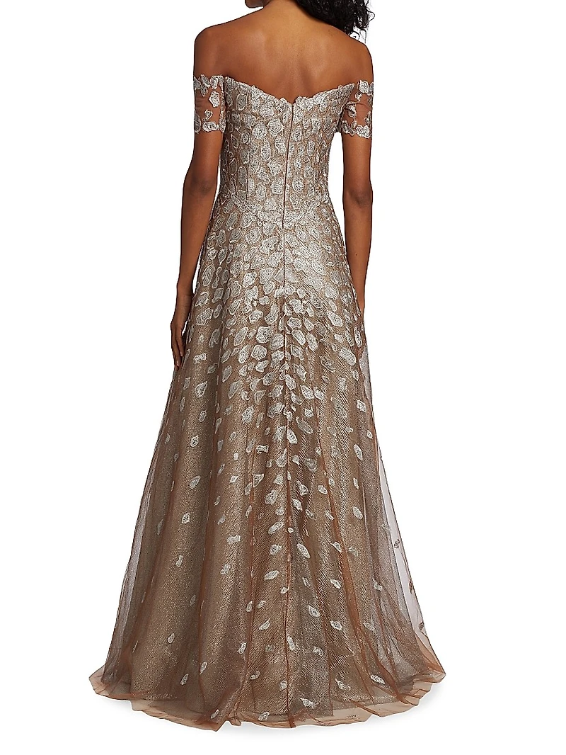 Embroidered Off-The-Shoulder Gown