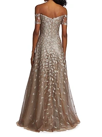 Embroidered Off-The-Shoulder Gown