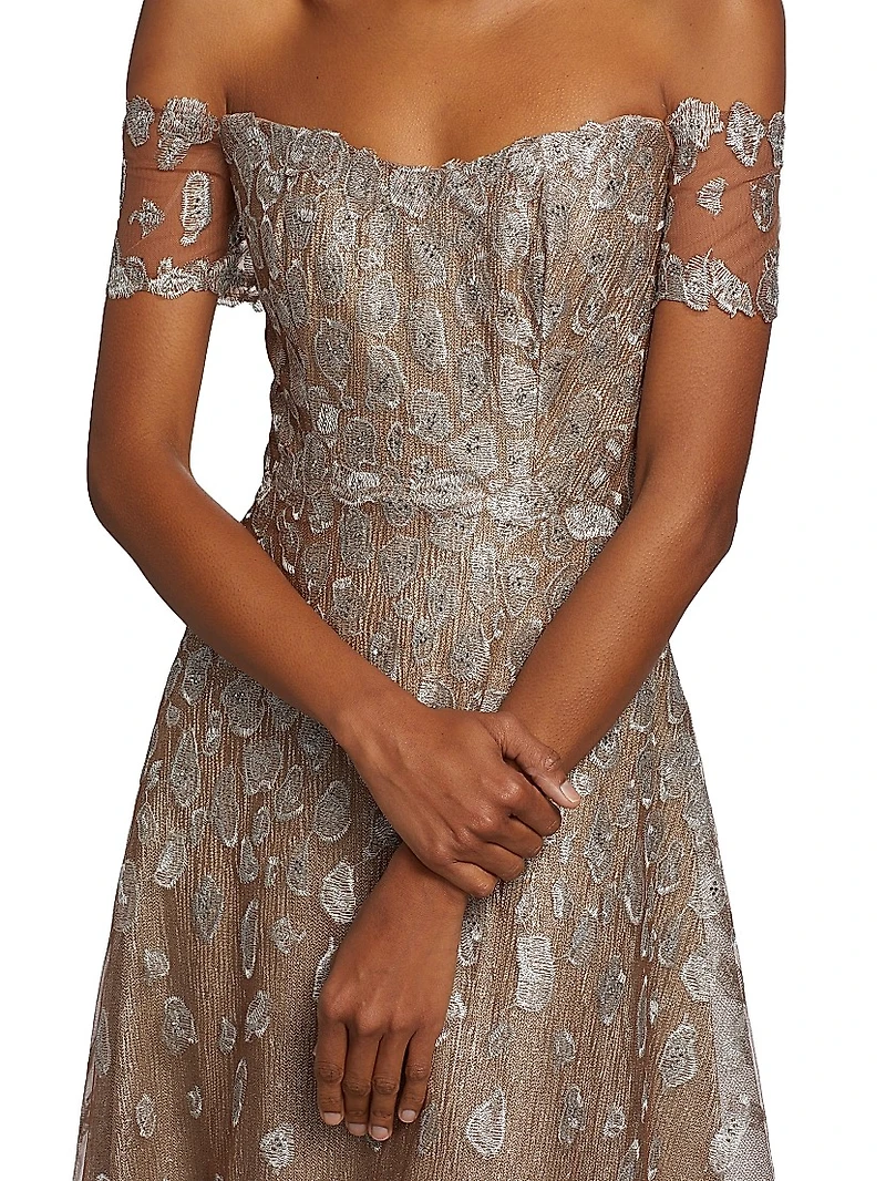 Embroidered Off-The-Shoulder Gown