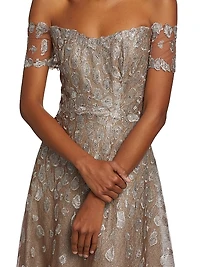 Embroidered Off-The-Shoulder Gown