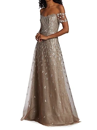 Embroidered Off-The-Shoulder Gown