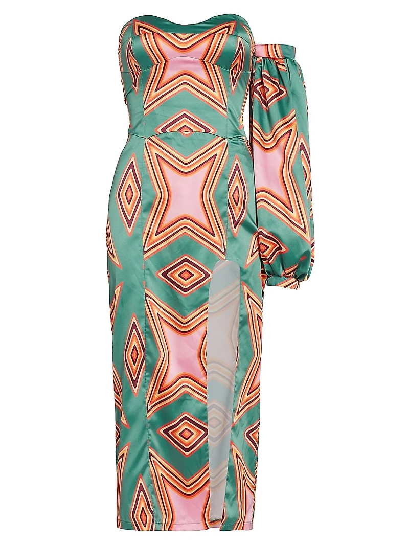Geometric-Print Satin Midi-Dress