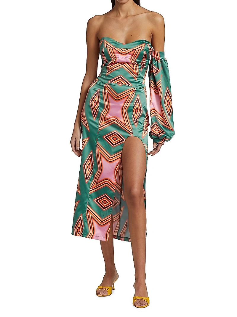 Geometric-Print Satin Midi-Dress
