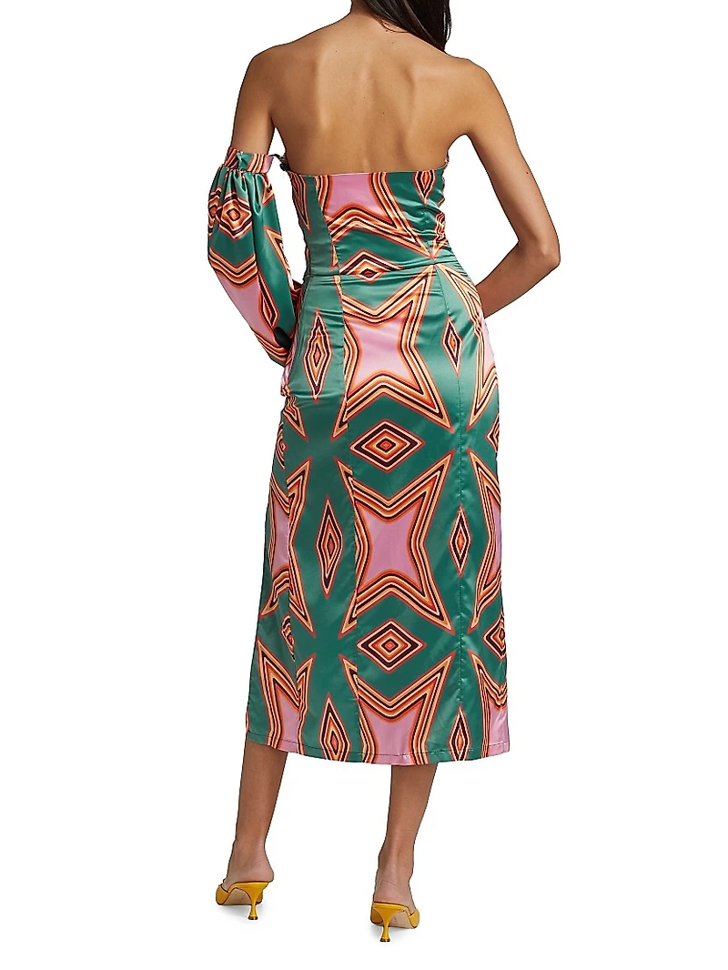 Geometric-Print Satin Midi-Dress