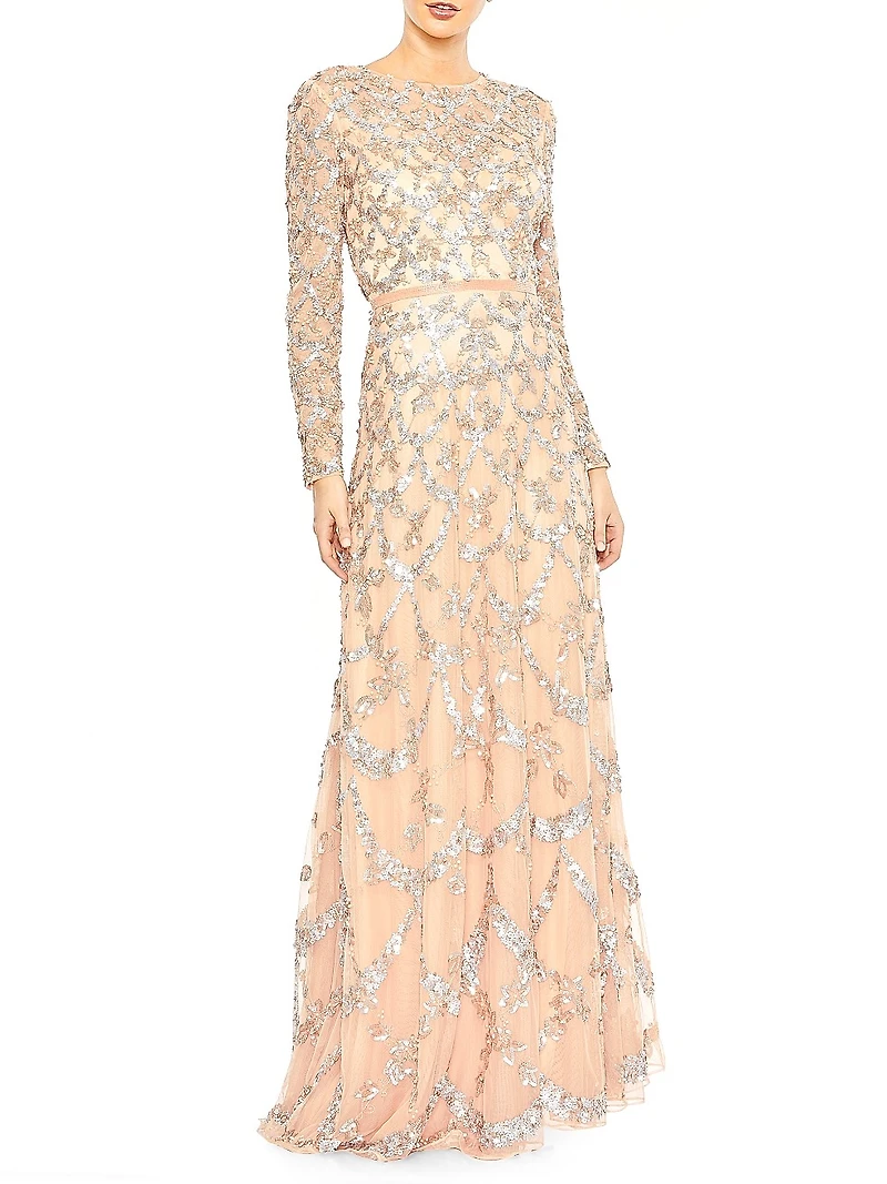 Bead & Sequin-Embellished A-Line Gown