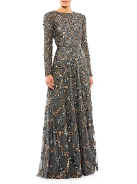 Bead & Sequin-Embellished A-Line Gown