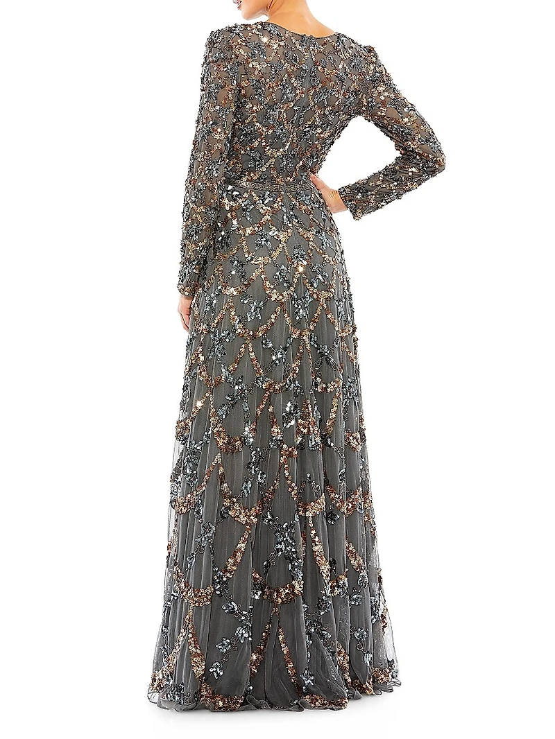 Bead & Sequin-Embellished A-Line Gown