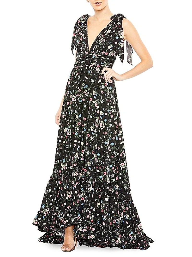 Tiered Sleeveless Floral Print Gown