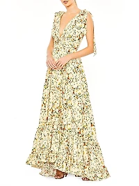 Tiered Sleeveless Floral Print Gown