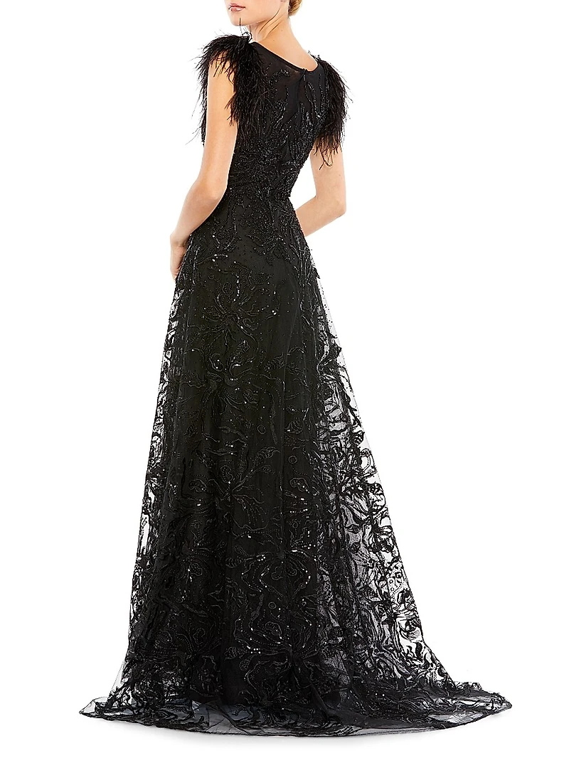Feathered A-Line Gown