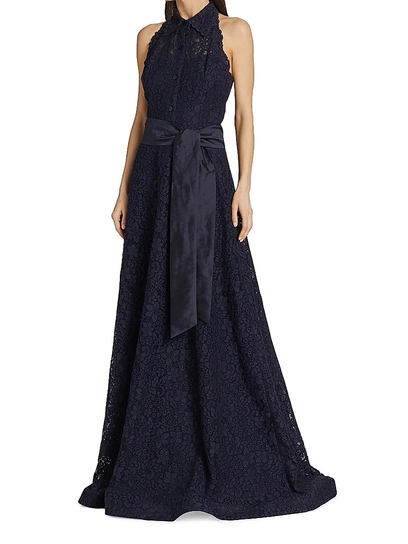 Floral Lace Collared A-Line Gown