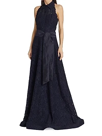 Floral Lace Collared A-Line Gown
