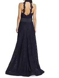 Floral Lace Collared A-Line Gown