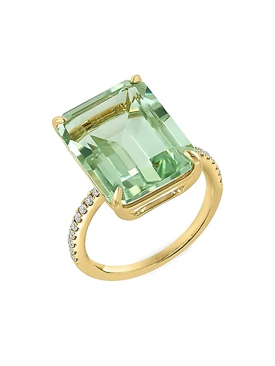 14K Yellow Gold, Green Amethyst & Diamond Ring