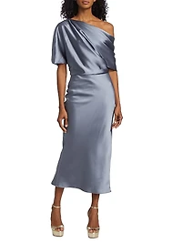 Draped Satin Pencil Midi-Dress