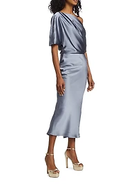 Draped Satin Pencil Midi-Dress