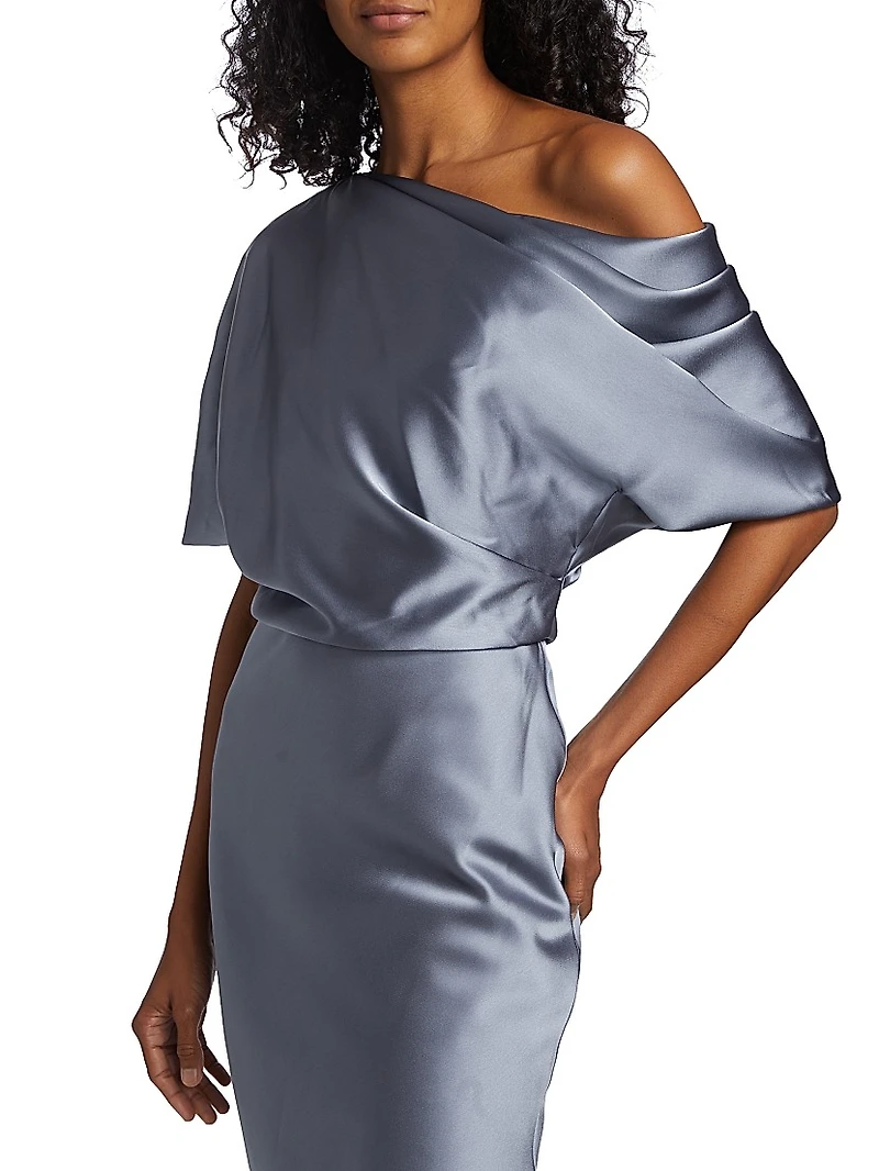 Draped Satin Pencil Midi-Dress