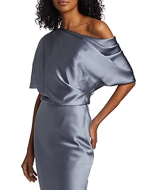 Draped Satin Pencil Midi-Dress