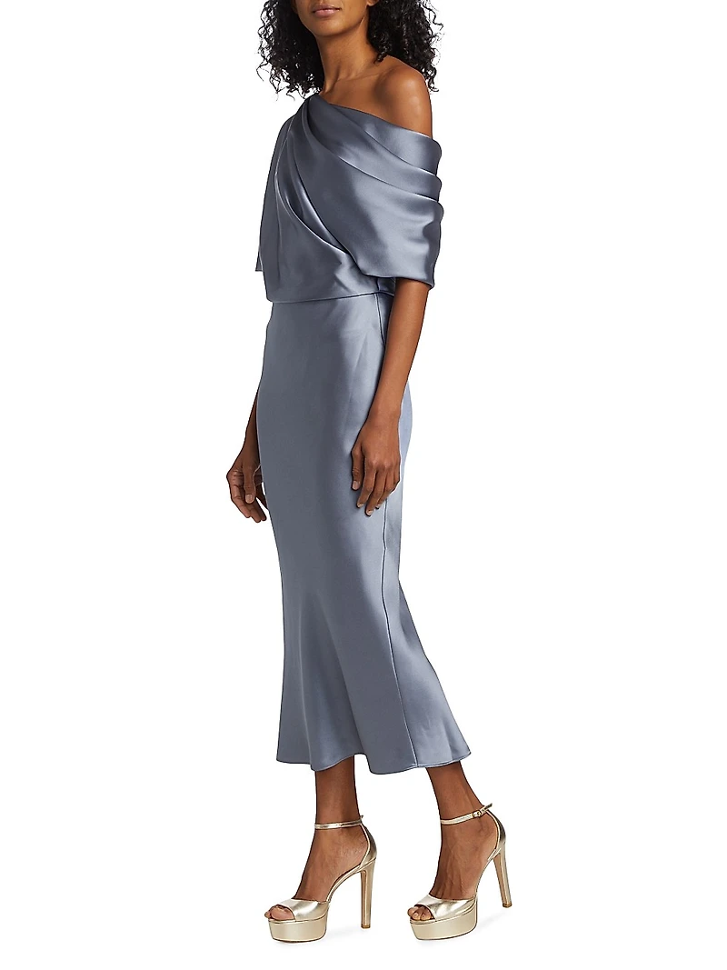 Draped Satin Pencil Midi-Dress