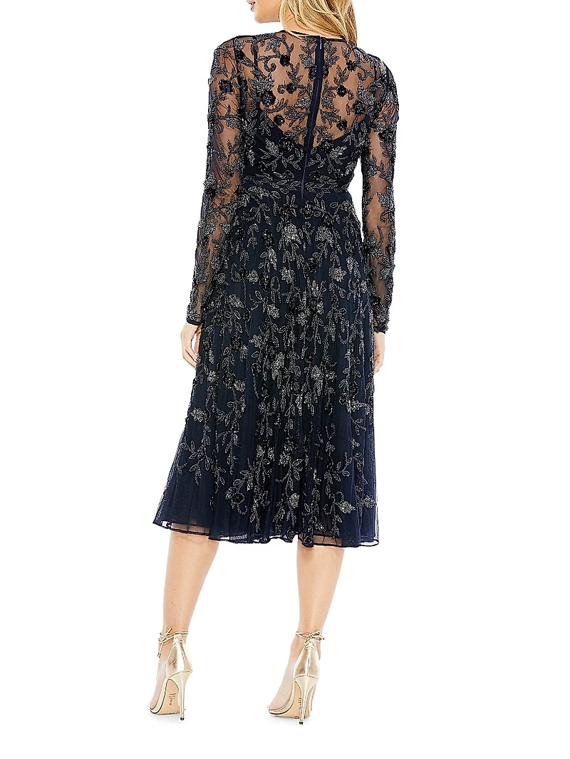 Long-Sleeve Embellished Floral Midi-Dress