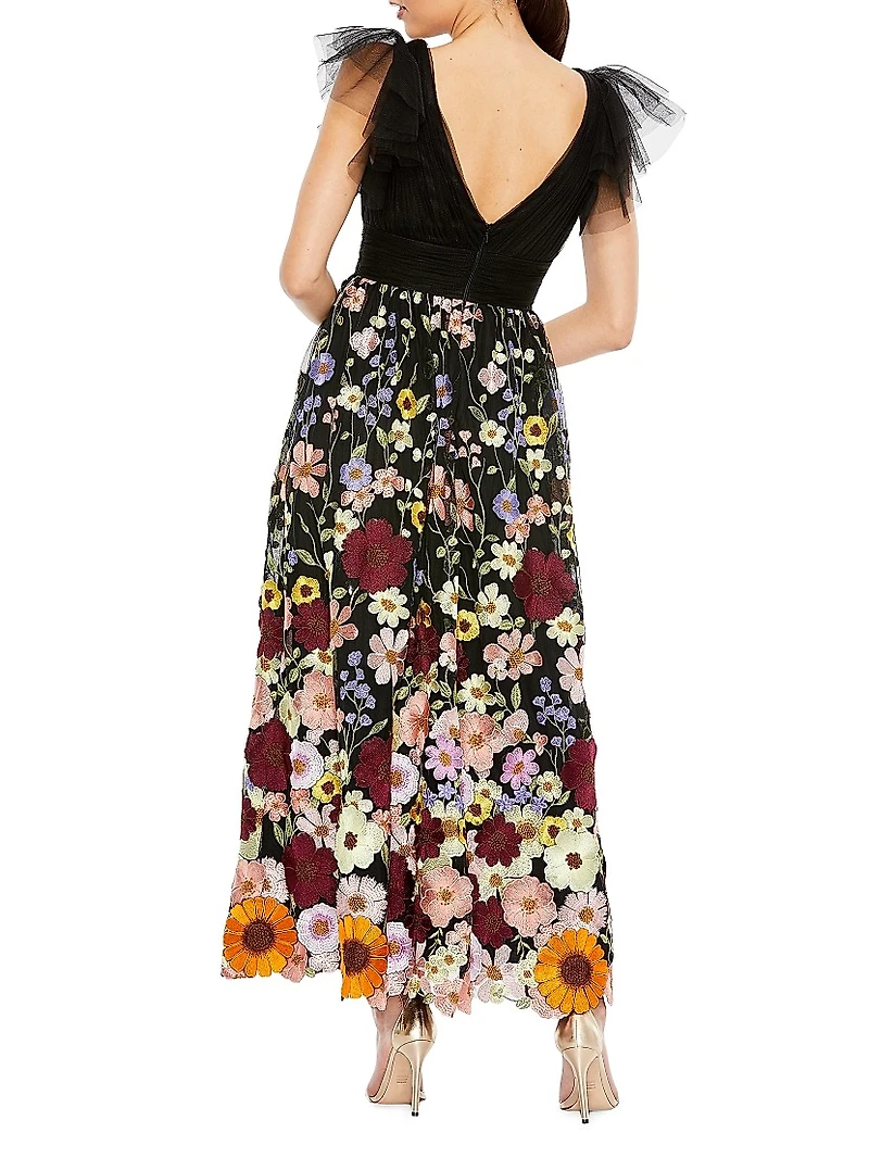 Embroidered Floral Tulle Midi-Dress