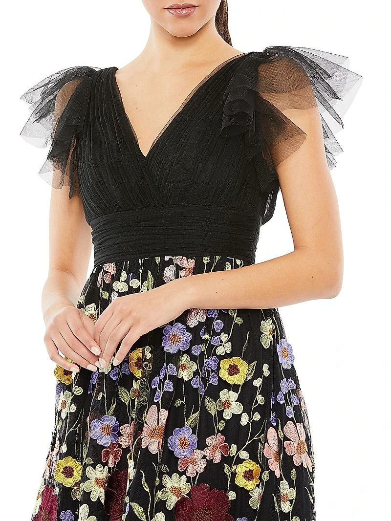 Embroidered Floral Tulle Midi-Dress