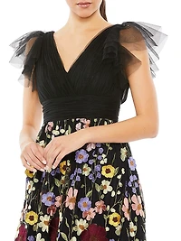 Embroidered Floral Tulle Midi-Dress