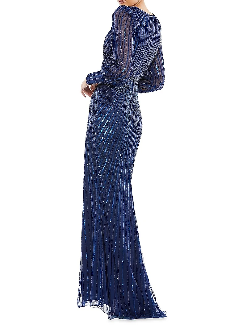 Sequined Blouson-Sleeve Gown