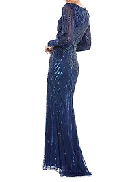Sequined Blouson-Sleeve Gown