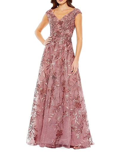 Embellished Floral Cap-Sleeve Gown