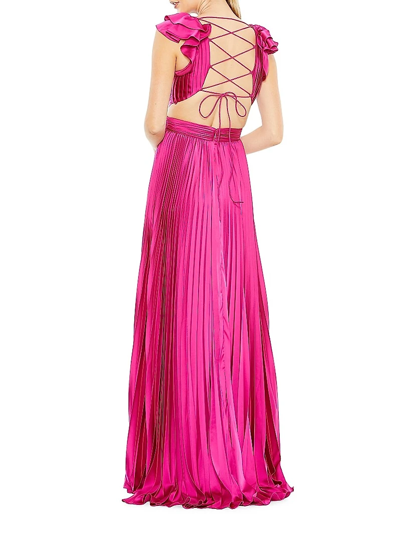 Ieena Pleated Lace-Up Satin Gown