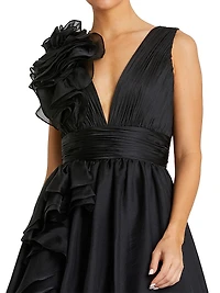 Ruffle Shoulder V-Neck Gown